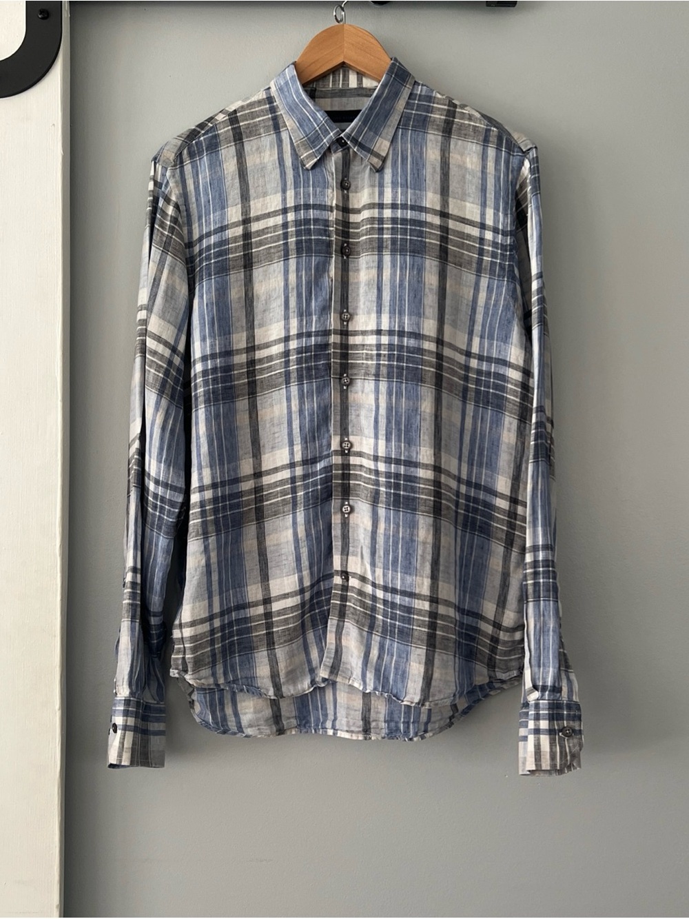 Patrick Assaraf 100% Linen Blue Plaid Button Up Shirt Men's Medium Romania Made